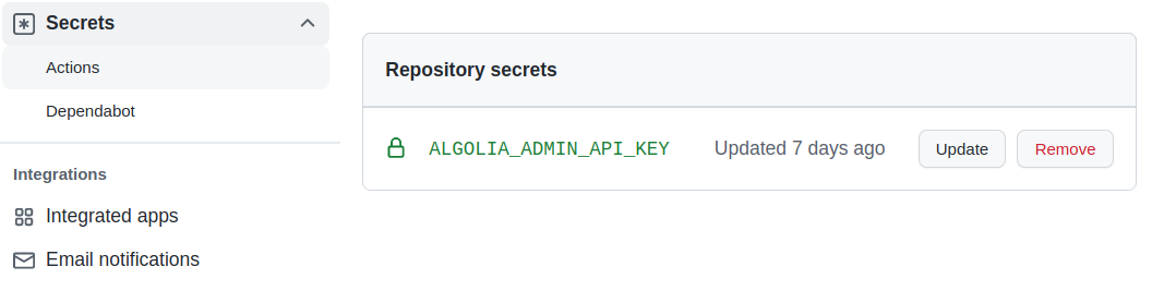 GitHub Settings | Secrets Section