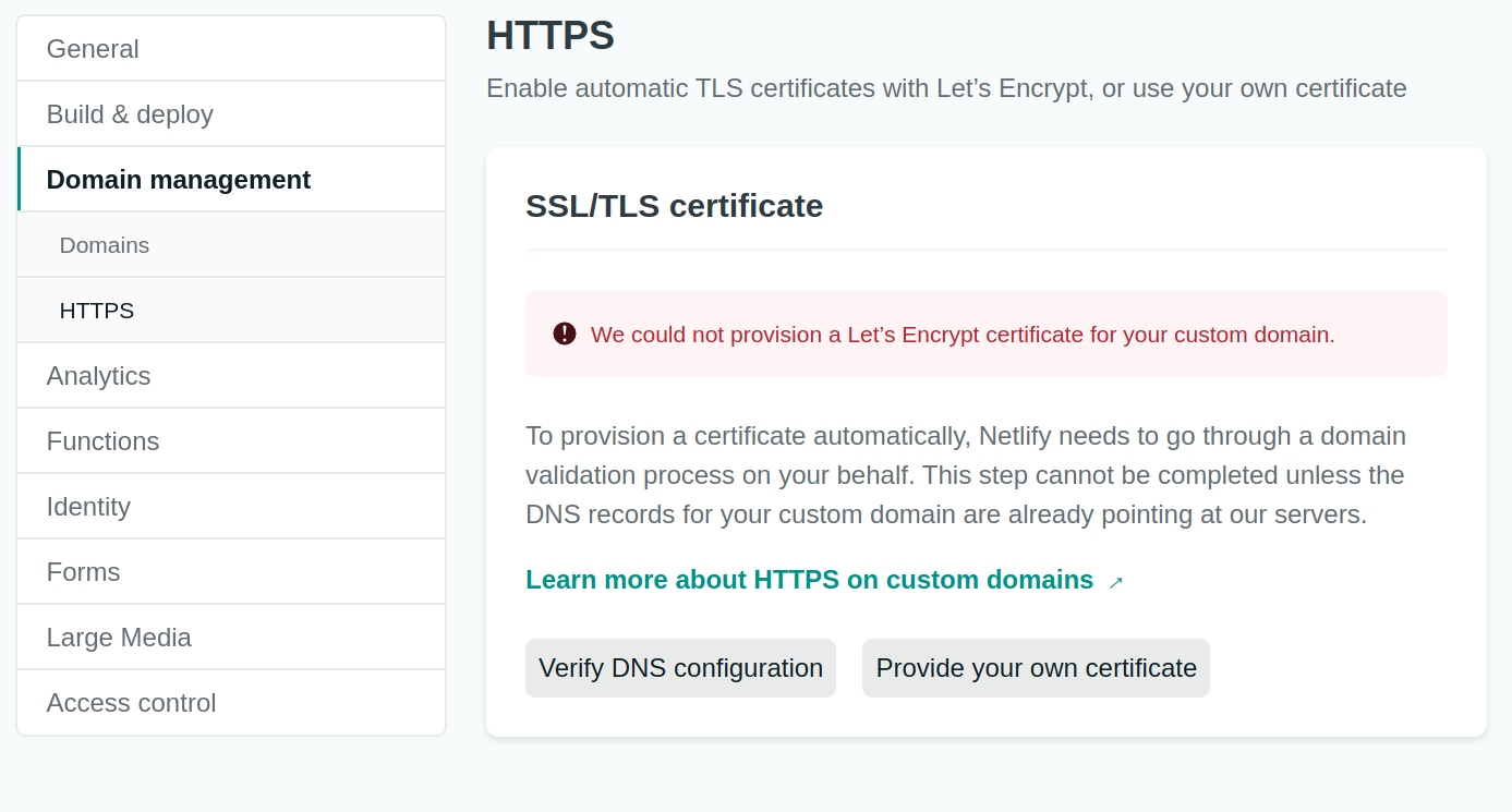 Netlify Site Settings Domain Management HTTPS