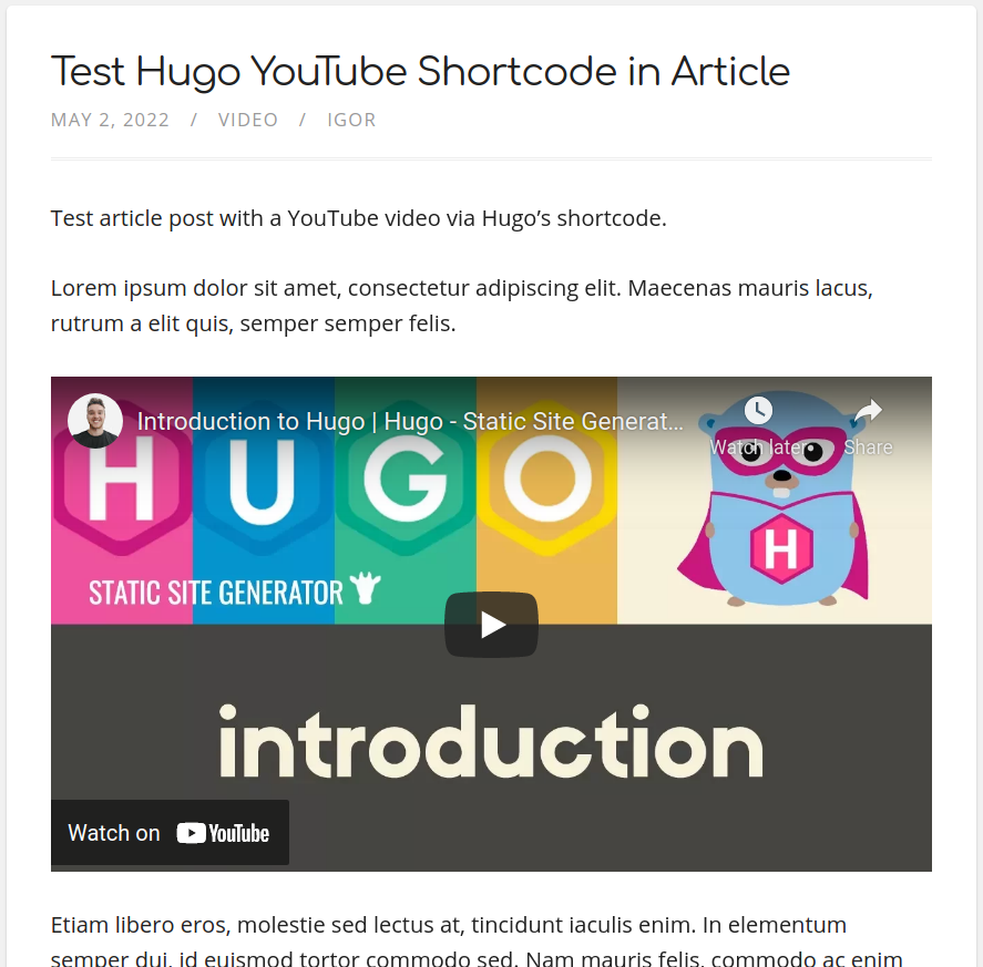 Hugo youtube Shortcode